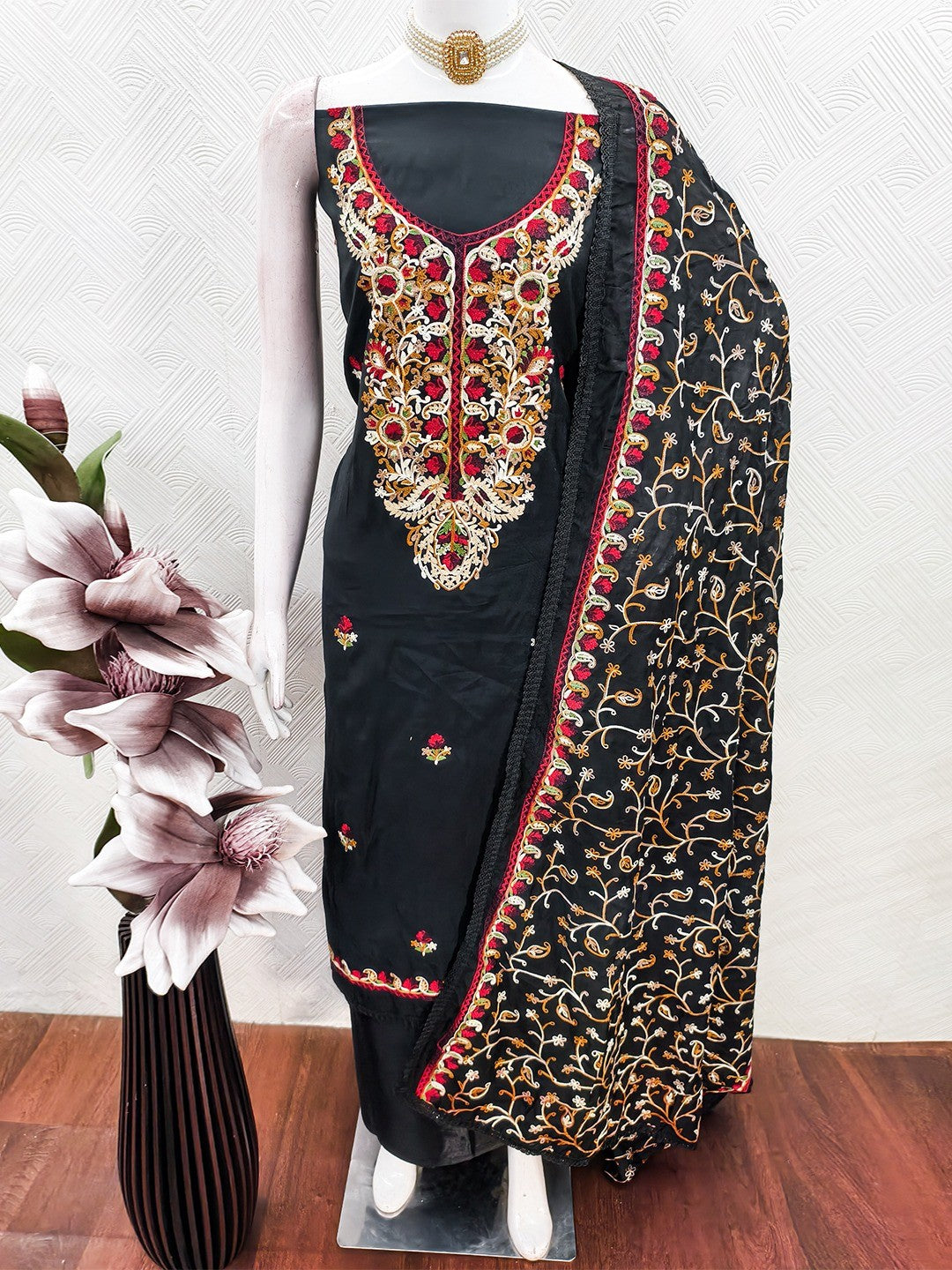 Ethnic Black Roman Art Silk Dress Material Highlighted With Floral & Paisley Thread Embroidery - Image 3