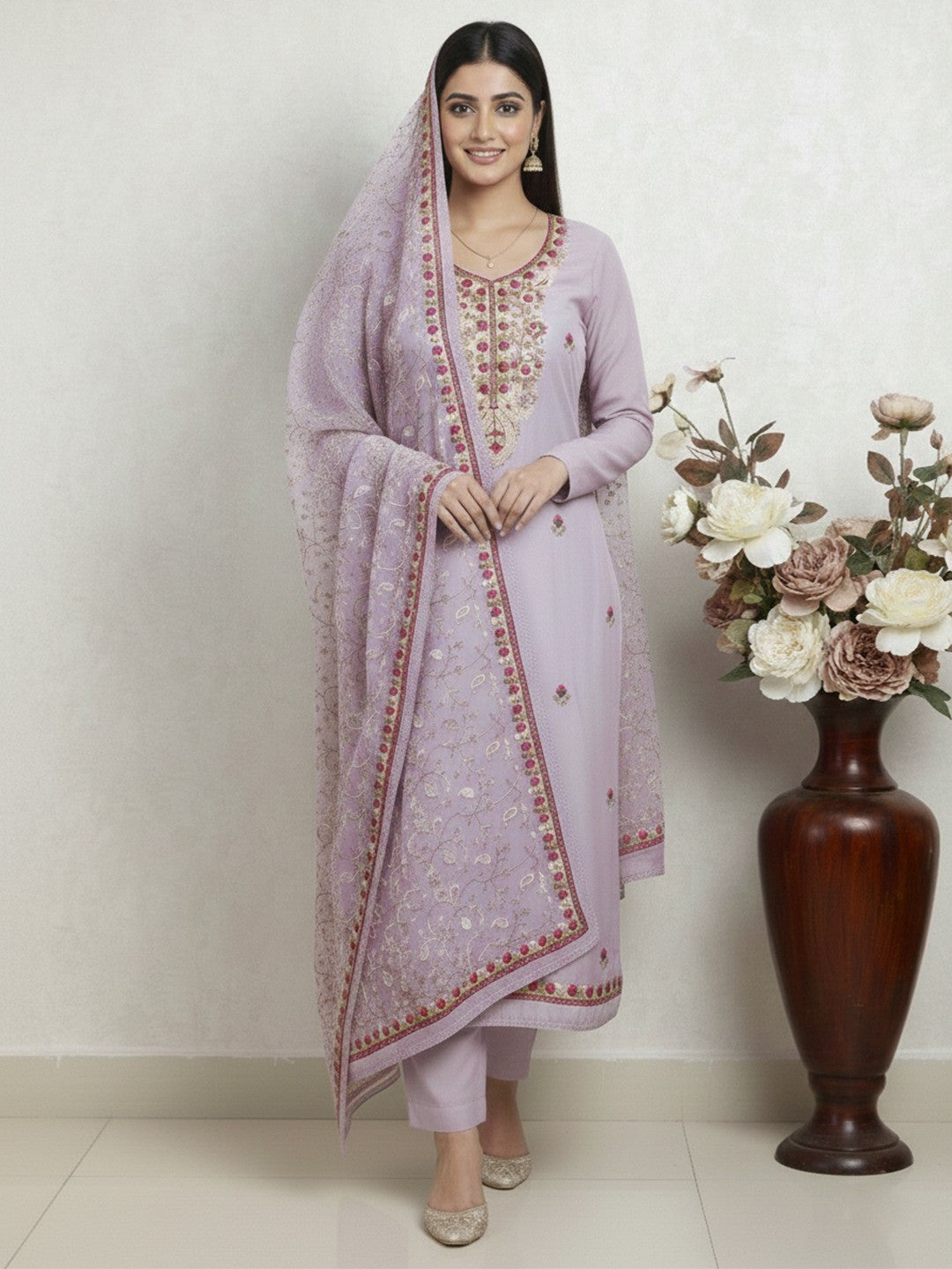 Ethnic Lavender Roman Art Silk Dress Material Highlighted With Floral & Paisley Thread Embroidery - Image 2
