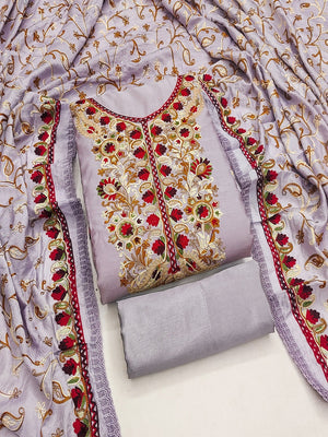 Ethnic Lavender Roman Art Silk Dress Material Highlighted With Floral & Paisley Thread Embroidery - Image 1