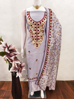 Ethnic Lavender Roman Art Silk Dress Material Highlighted With Floral & Paisley Thread Embroidery - Image 2