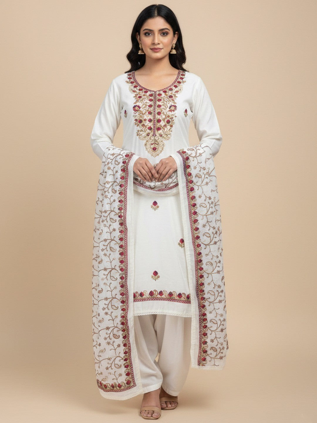 Ethnic Offwhite Roman Art Silk Dress Material Highlighted With Floral & Paisley Thread Embroidery - Image 2