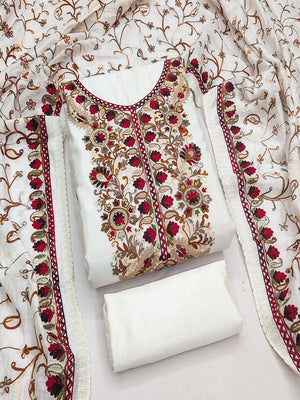 Ethnic Offwhite Roman Art Silk Dress Material Highlighted With Floral & Paisley Thread Embroidery - Image 1