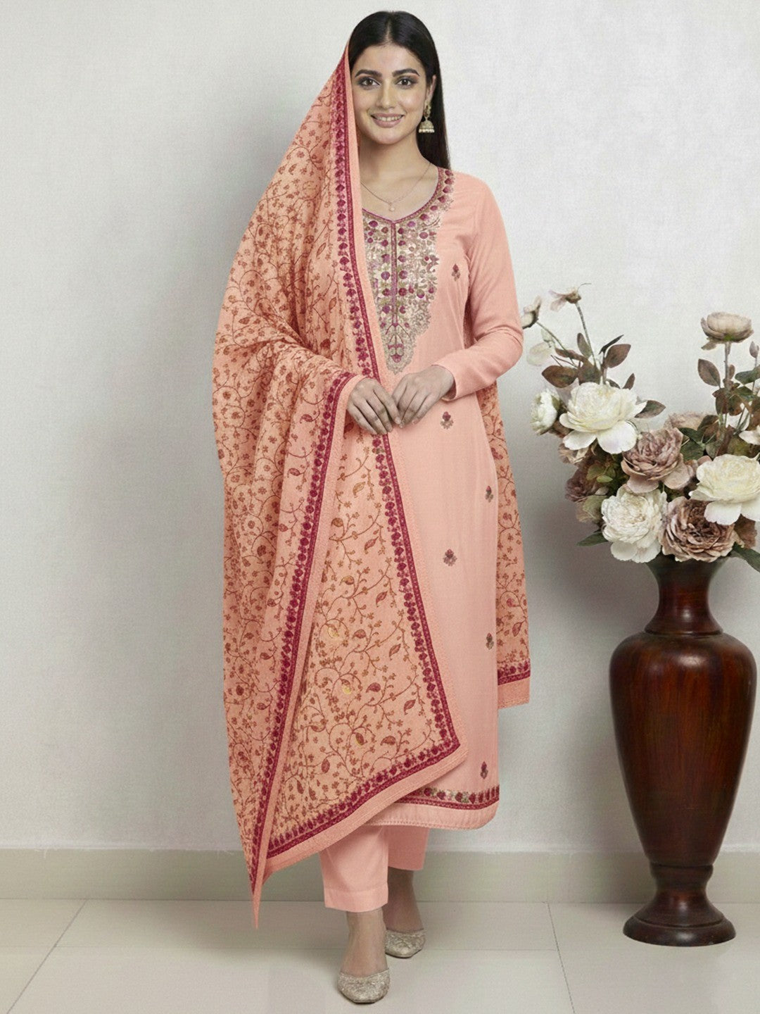 Ethnic Peach Roman Art Silk Dress Material Highlighted With Floral & Paisley Thread Embroidery - Image 2