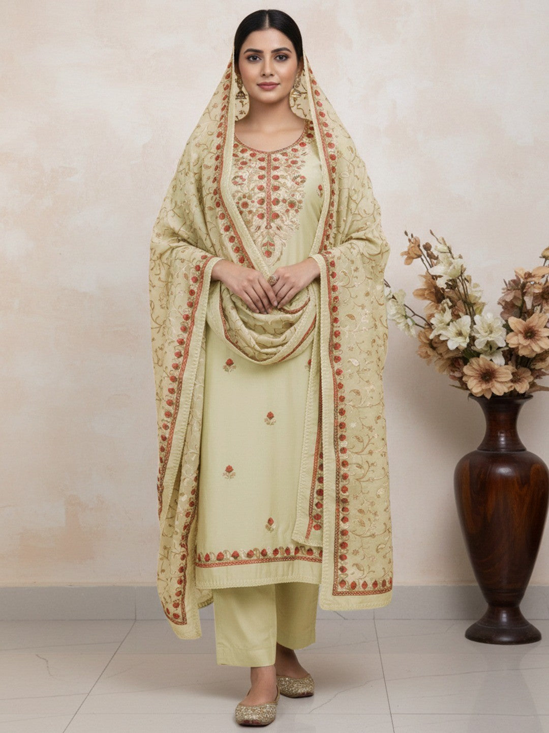 Ethnic Pista Green Roman Art Silk Dress Material Highlighted With Floral & Paisley Thread Embroidery - Image 2