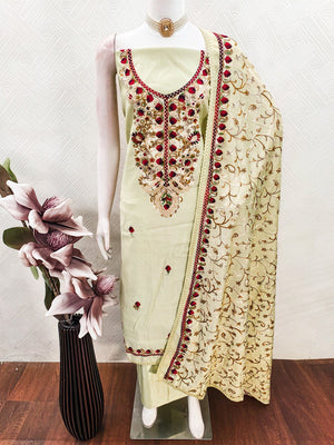 Ethnic Pista Green Roman Art Silk Dress Material Highlighted With Floral & Paisley Thread Embroidery - Image 2