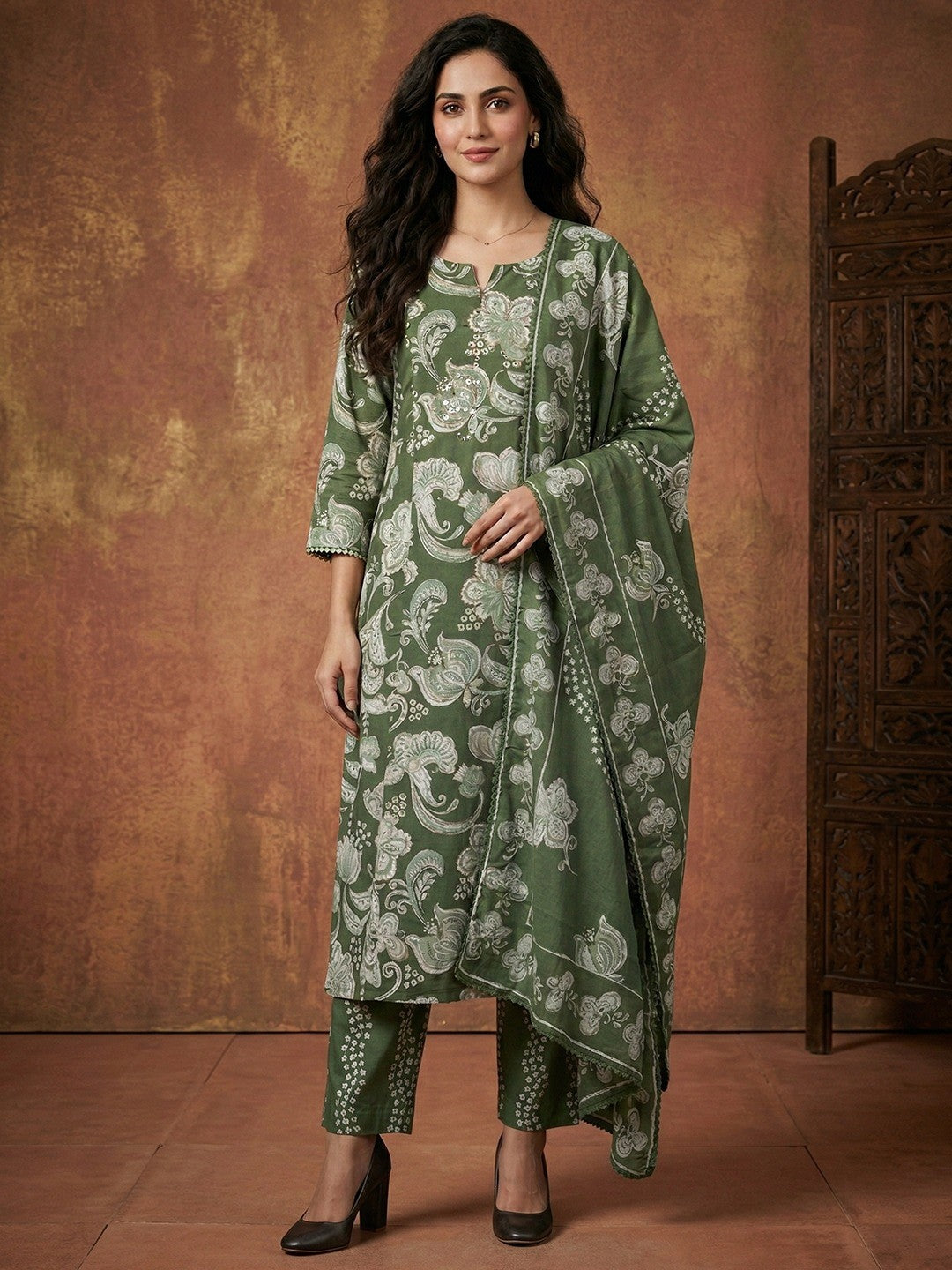 Green Floral Print Pure Cotton Kurta Salwar Dupatta Set with Elegant Design - Image 1