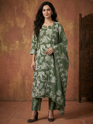 Green Floral Print Pure Cotton Kurta Salwar Dupatta Set with Elegant Design - Image 1