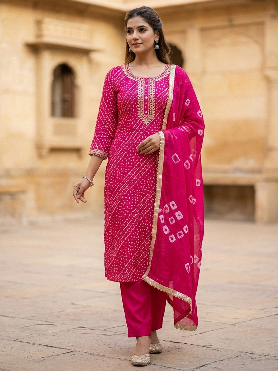 Elegant Pink Bandhani Print Pure Cotton Dress Material with Dupatta - Image 2