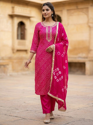 Elegant Pink Bandhani Print Pure Cotton Dress Material with Dupatta - Image 2