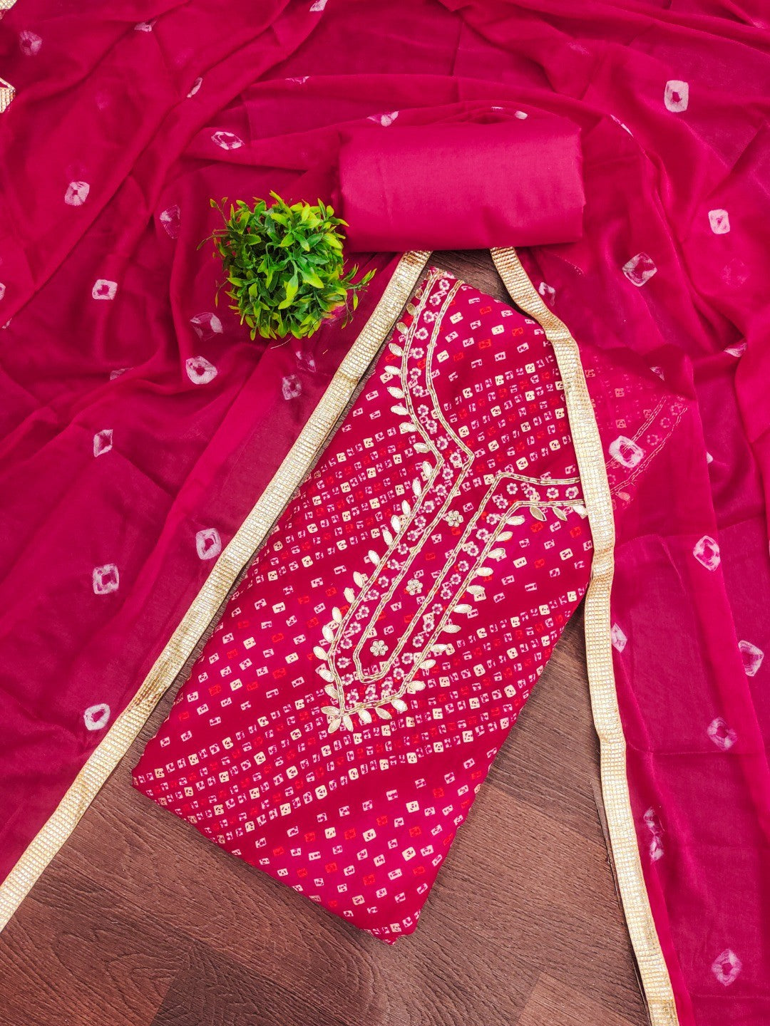Elegant Pink Bandhani Print Pure Cotton Dress Material with Dupatta - Image 5