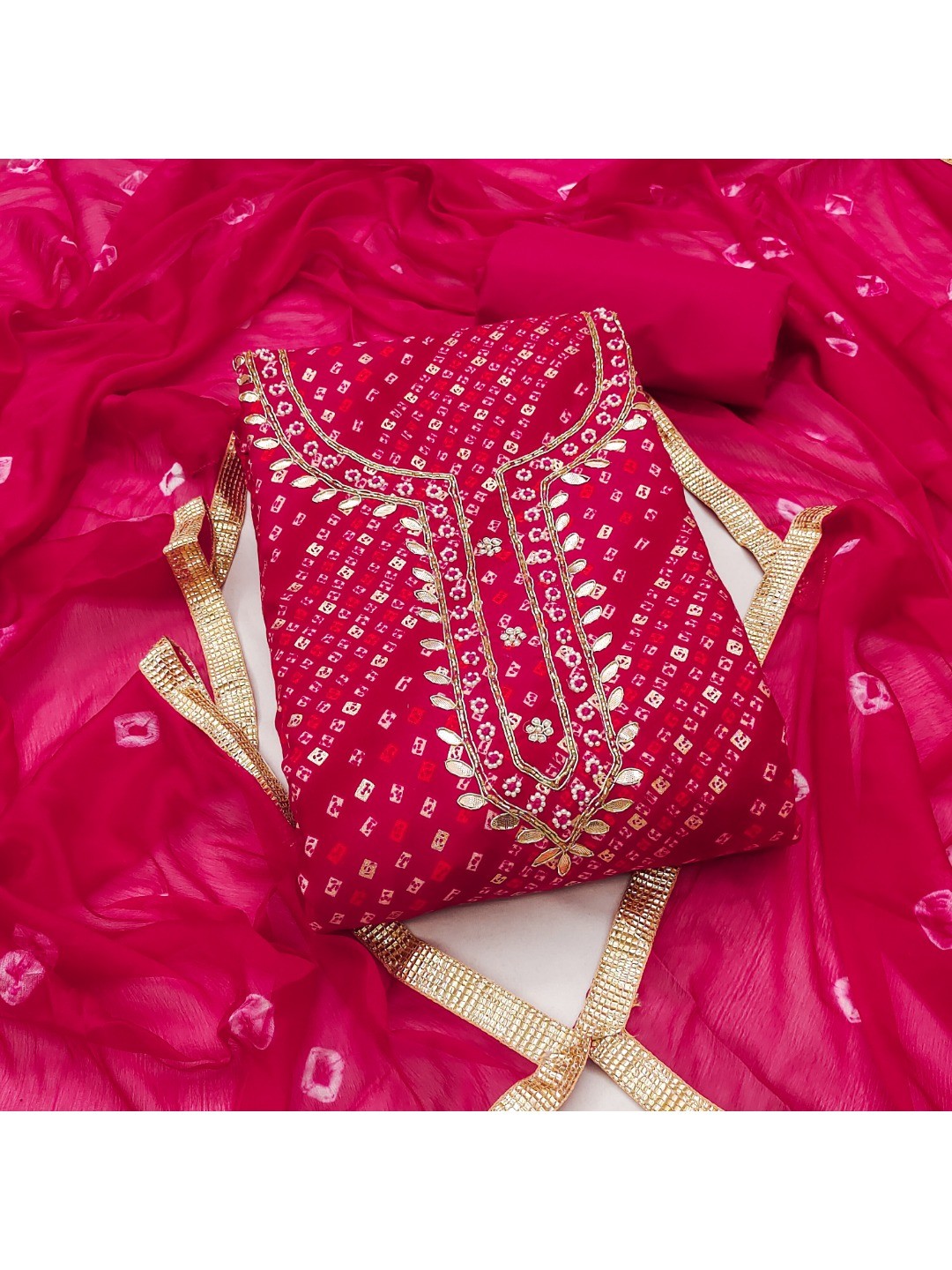 Elegant Pink Bandhani Print Pure Cotton Dress Material with Dupatta - Image 1