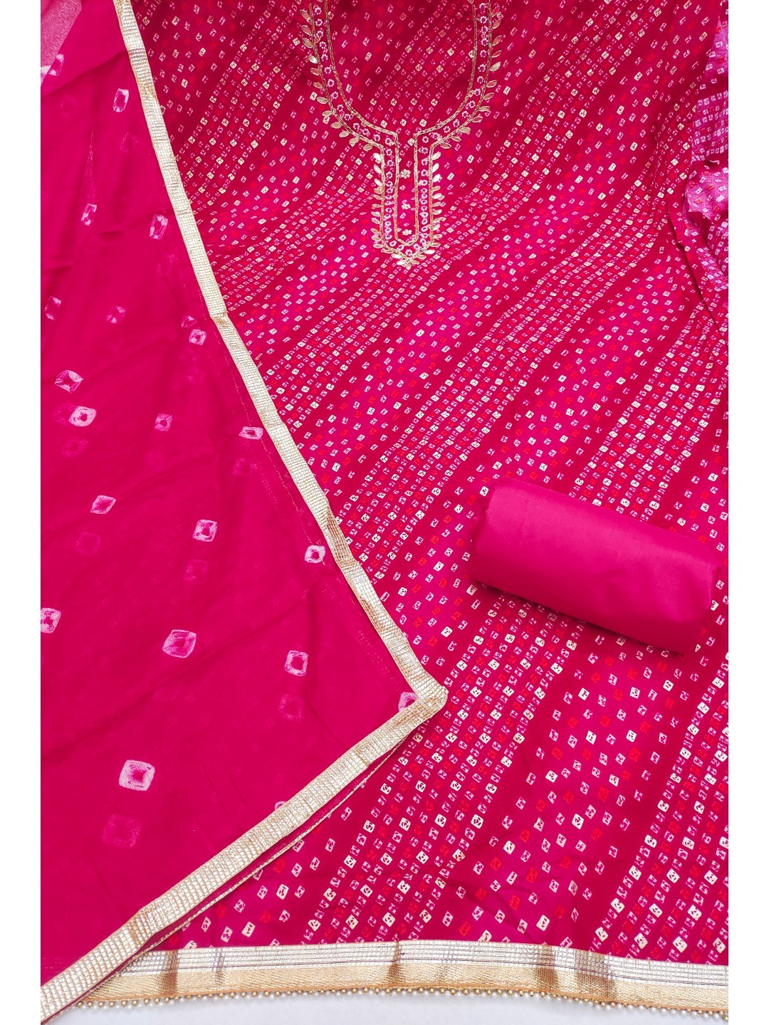 Elegant Pink Bandhani Print Pure Cotton Dress Material with Dupatta - Image 3