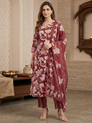 Rust Floral Print Pure Cotton Kurta Salwar Dupatta Set with Elegant Design - Image 1