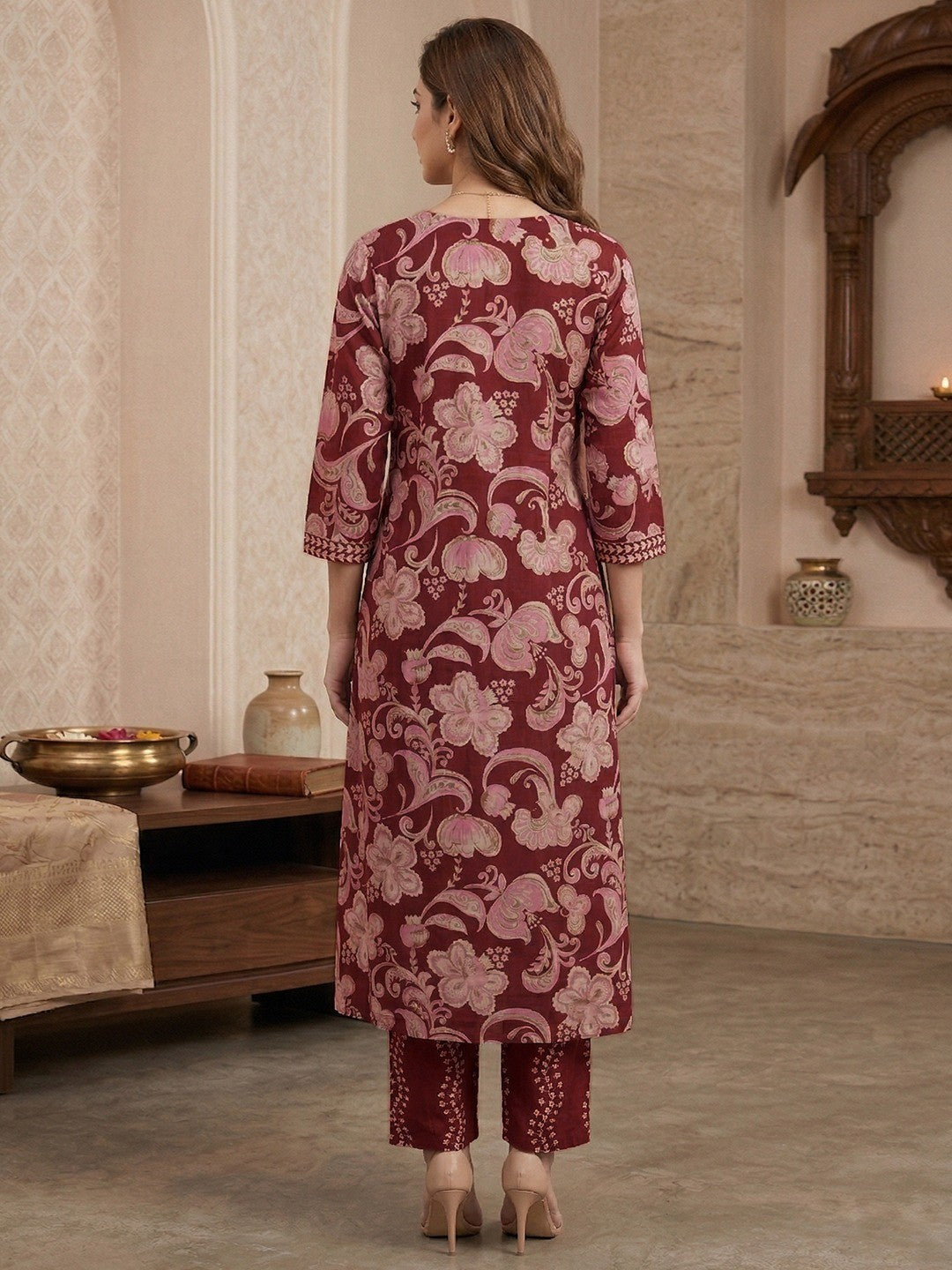 Rust Floral Print Pure Cotton Kurta Salwar Dupatta Set with Elegant Design - Image 3