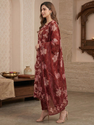 Rust Floral Print Pure Cotton Kurta Salwar Dupatta Set with Elegant Design - Image 2