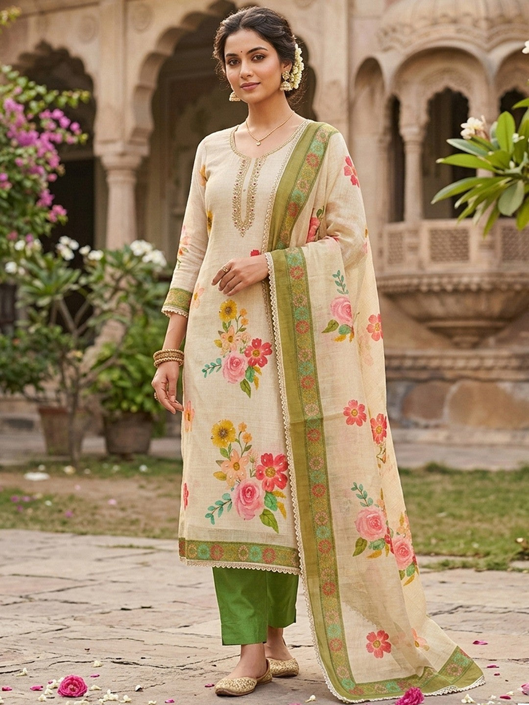 Offwhite & Green Floral Print with Beads Work Linen Unstitched Dress Material - Image 2