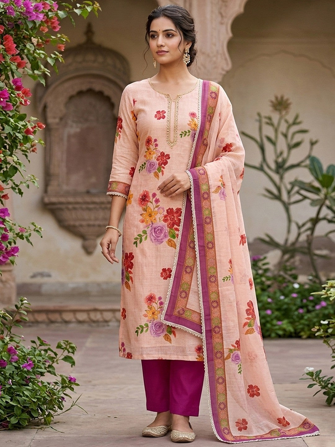 Offwhite & Purple Floral Print with Beads Work Linen Unstitched Dress Material - Image 2