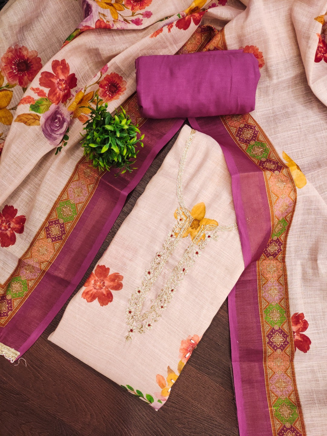 Offwhite & Purple Floral Print with Beads Work Linen Unstitched Dress Material - Image 5