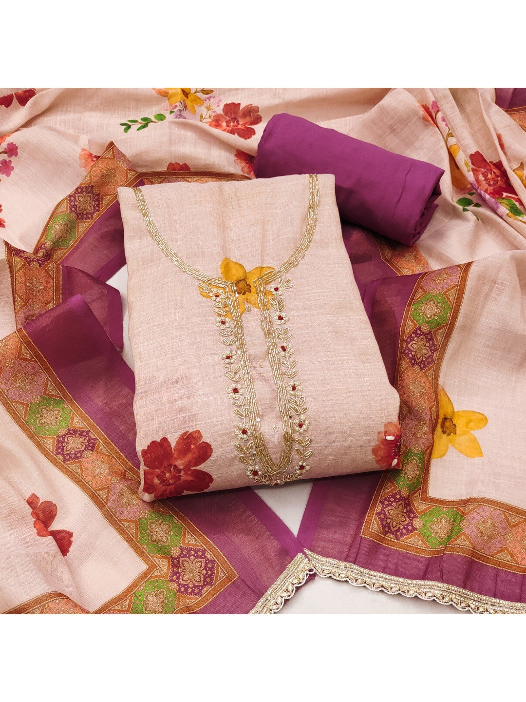 Offwhite & Purple Floral Print with Beads Work Linen Unstitched Dress Material - Image 1