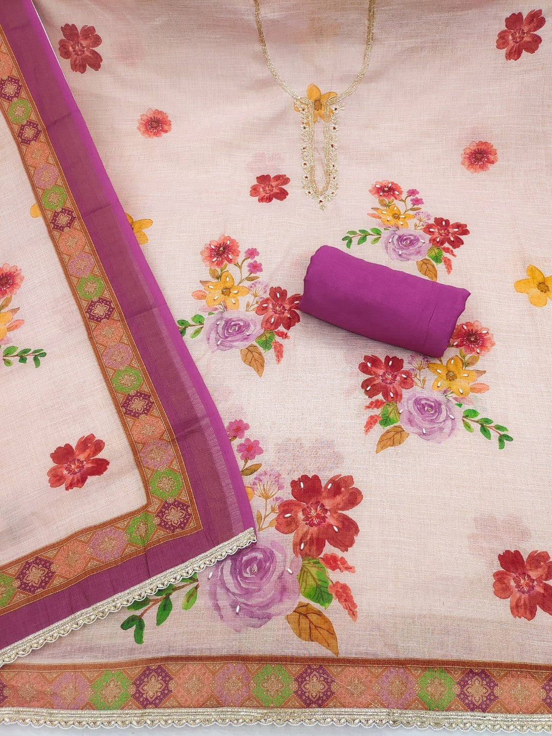 Offwhite & Purple Floral Print with Beads Work Linen Unstitched Dress Material - Image 4
