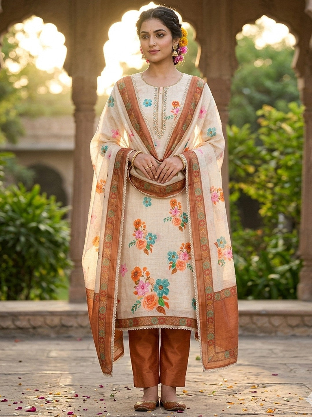 Offwhite & Brown Floral Print with Beads Work Linen Unstitched Dress Material - Image 2