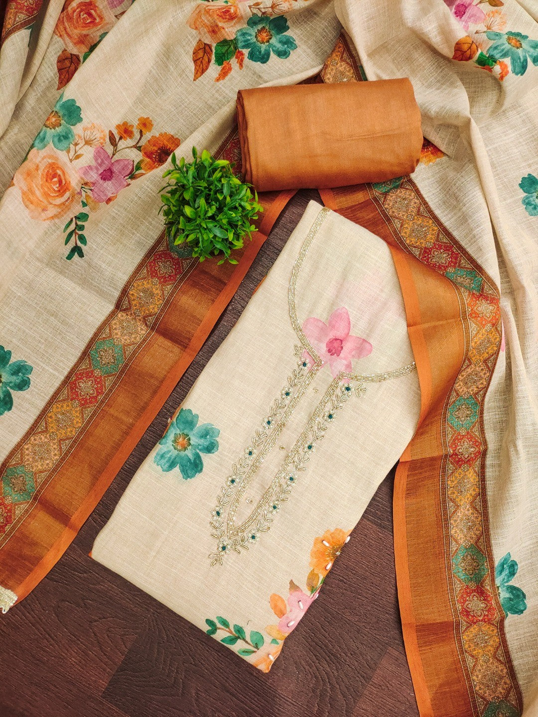 Offwhite & Brown Floral Print with Beads Work Linen Unstitched Dress Material - Image 3