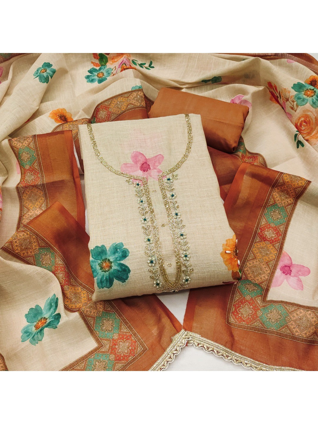 Offwhite & Brown Floral Print with Beads Work Linen Unstitched Dress Material - Image 1
