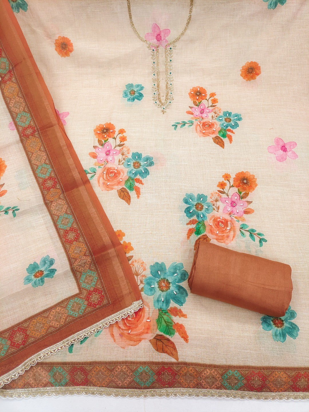 Offwhite & Brown Floral Print with Beads Work Linen Unstitched Dress Material - Image 5