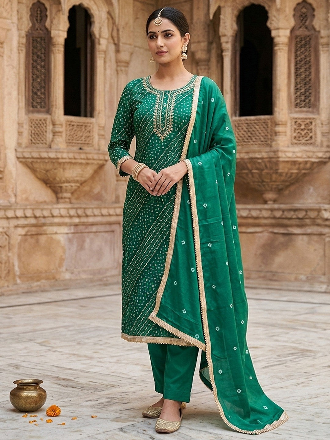Elegant Rama Green Bandhani Print Pure Cotton Dress Material with Dupatta - Image 2