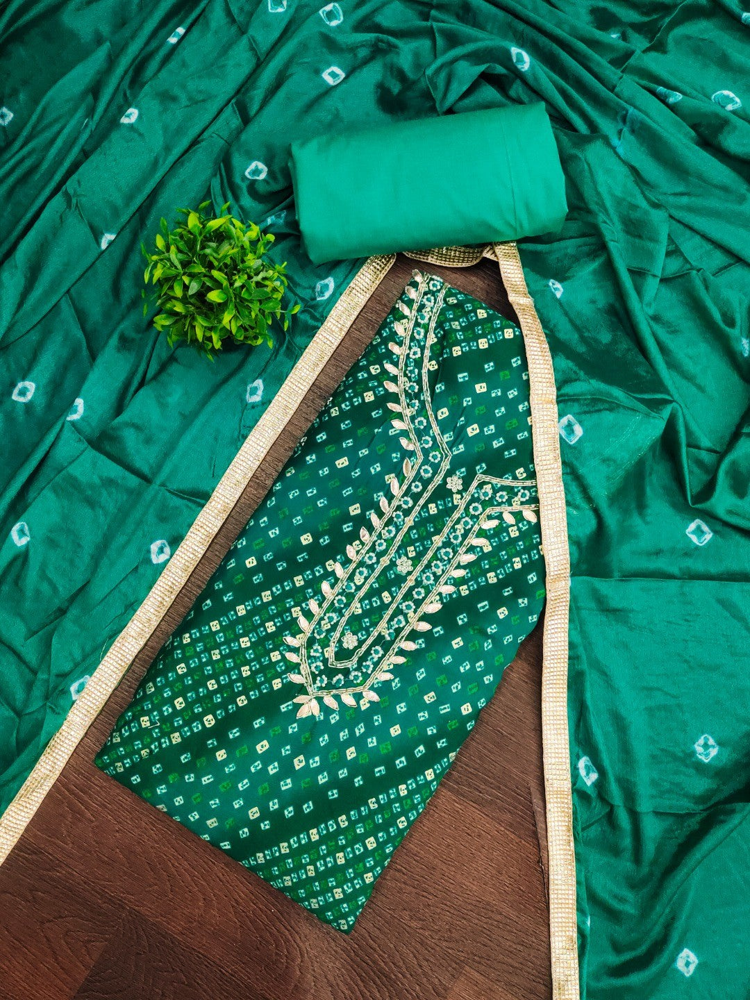 Elegant Rama Green Bandhani Print Pure Cotton Dress Material with Dupatta - Image 5