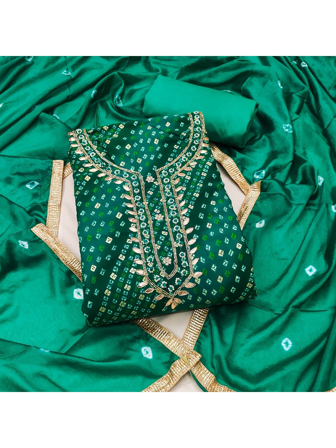 Elegant Rama Green Bandhani Print Pure Cotton Dress Material with Dupatta - Image 1