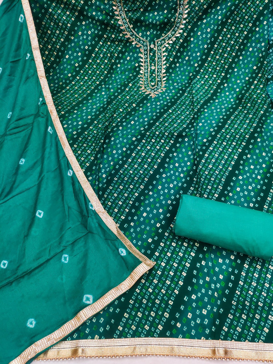 Elegant Rama Green Bandhani Print Pure Cotton Dress Material with Dupatta - Image 4