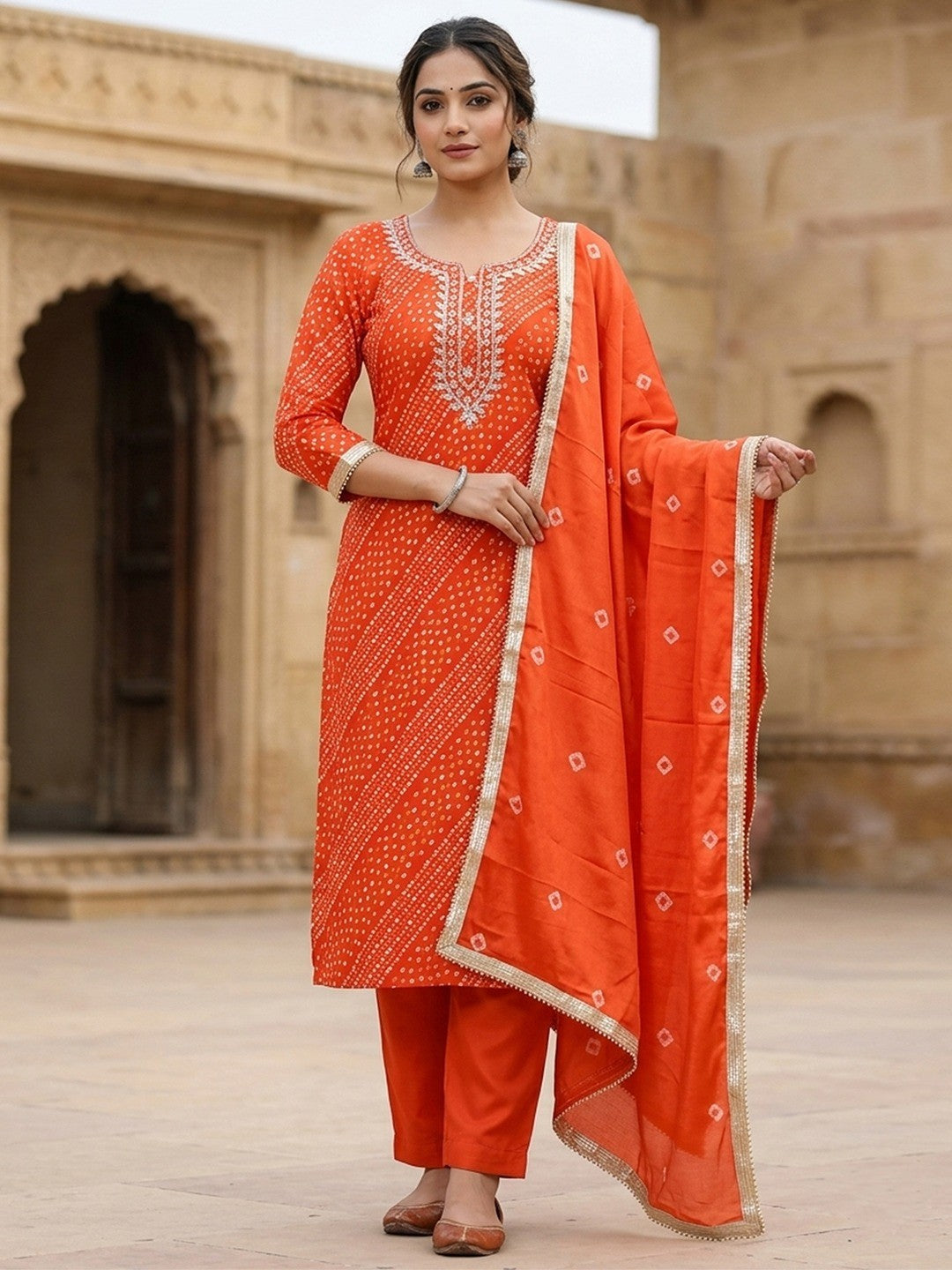 Elegant Orange Bandhani Print Pure Cotton Dress Material with Dupatta - Image 2
