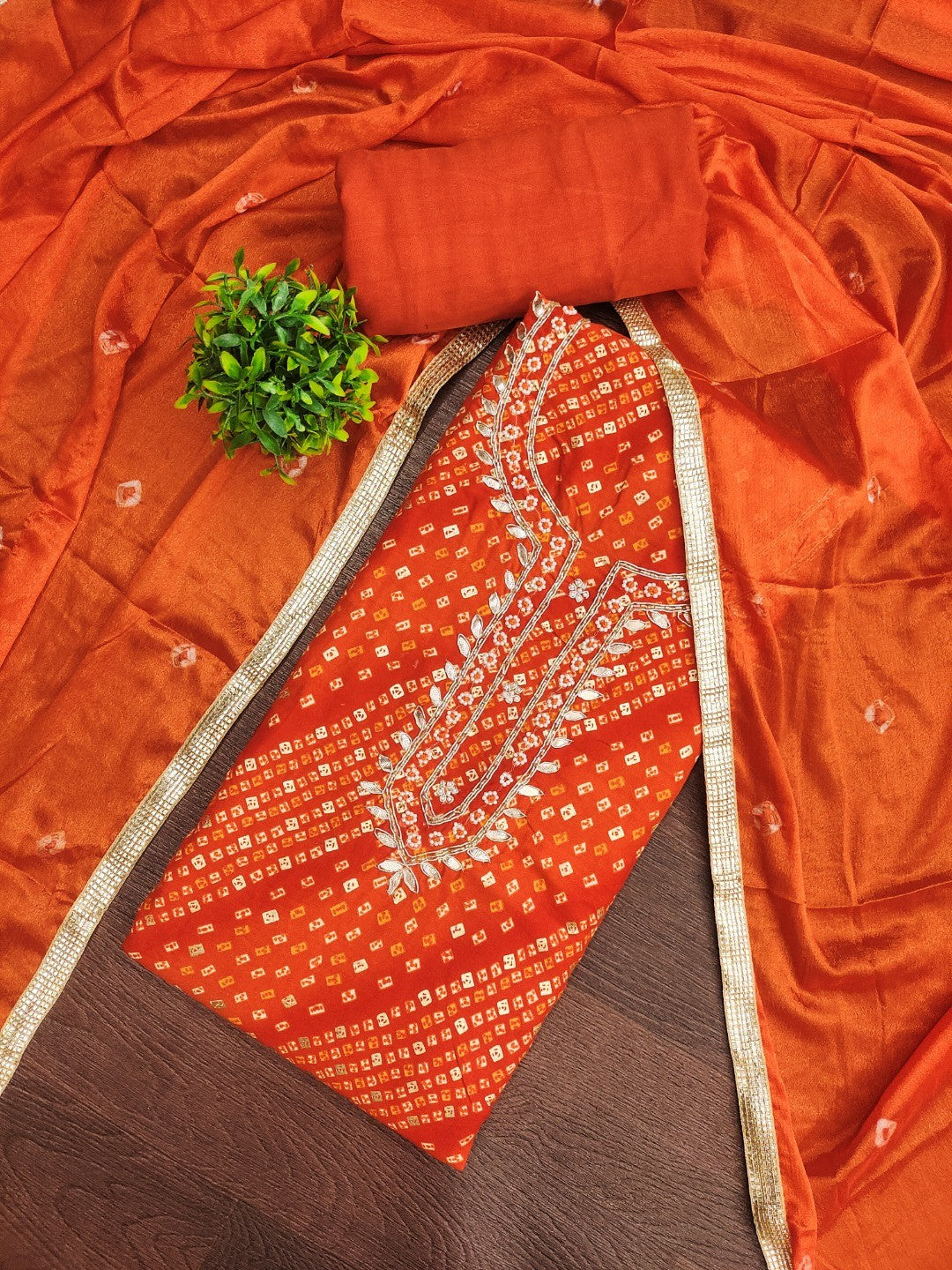 Elegant Orange Bandhani Print Pure Cotton Dress Material with Dupatta - Image 4