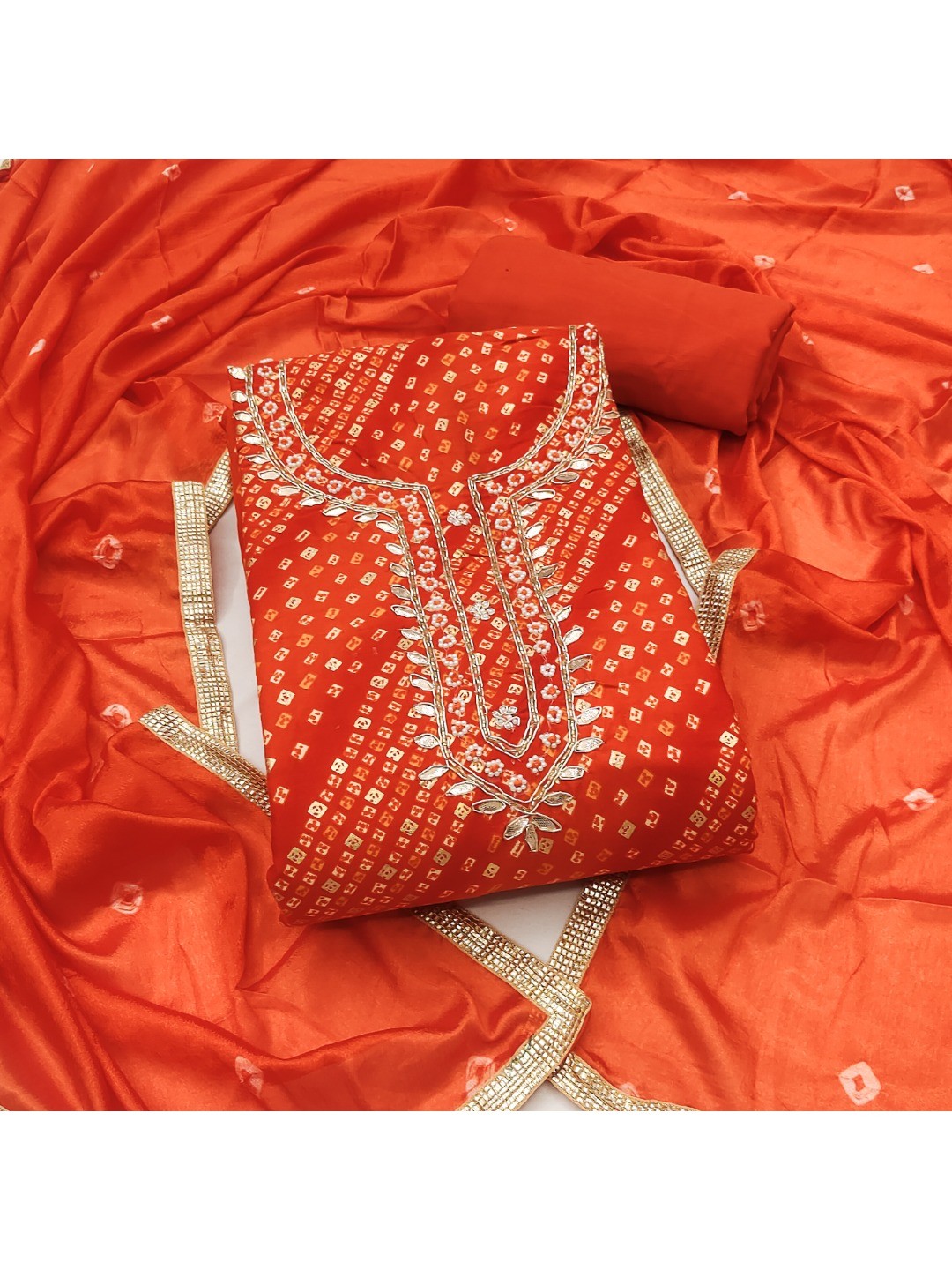 Elegant Orange Bandhani Print Pure Cotton Dress Material with Dupatta - Image 1
