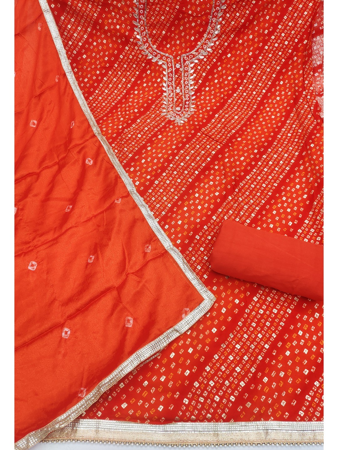 Elegant Orange Bandhani Print Pure Cotton Dress Material with Dupatta - Image 5