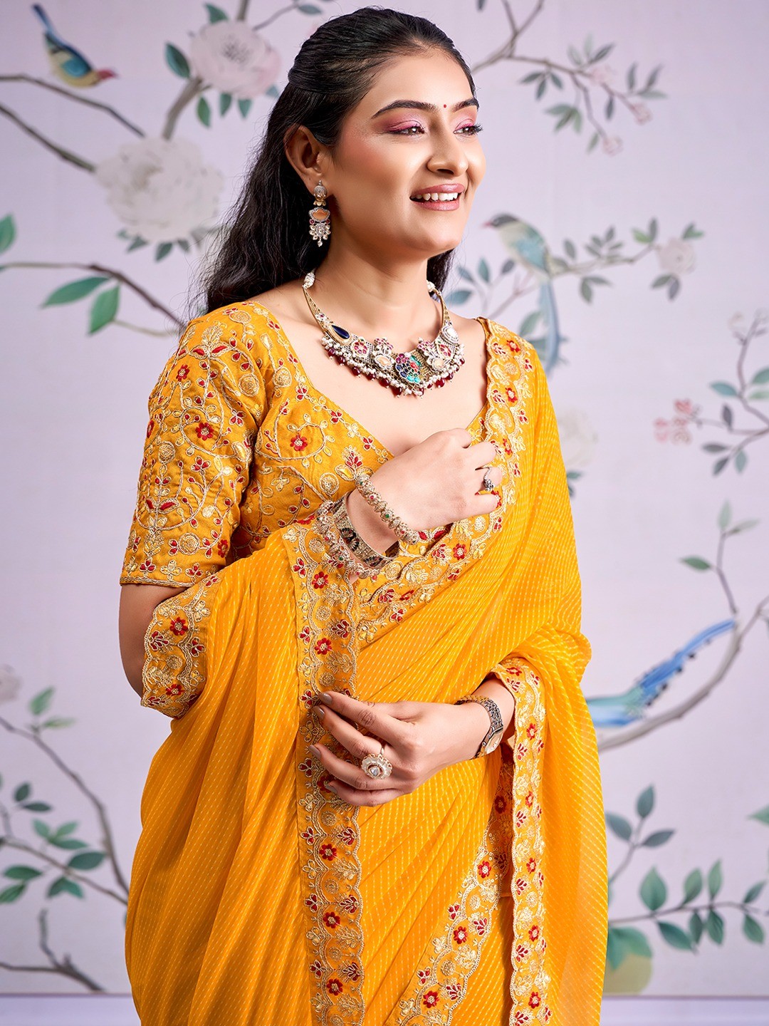Bright Orange Striped Printed Georgette Saree With Shimmering Sequin Embroidered Border - Image 3