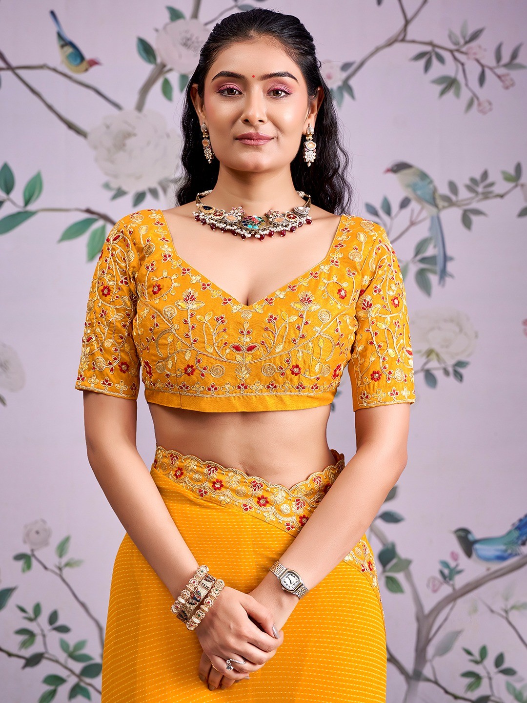 Bright Orange Striped Printed Georgette Saree With Shimmering Sequin Embroidered Border - Image 2