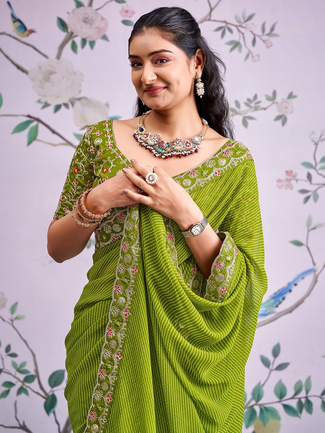 Green Striped Printed Georgette Saree With Shimmering Sequin Embroidered Border - Image 4