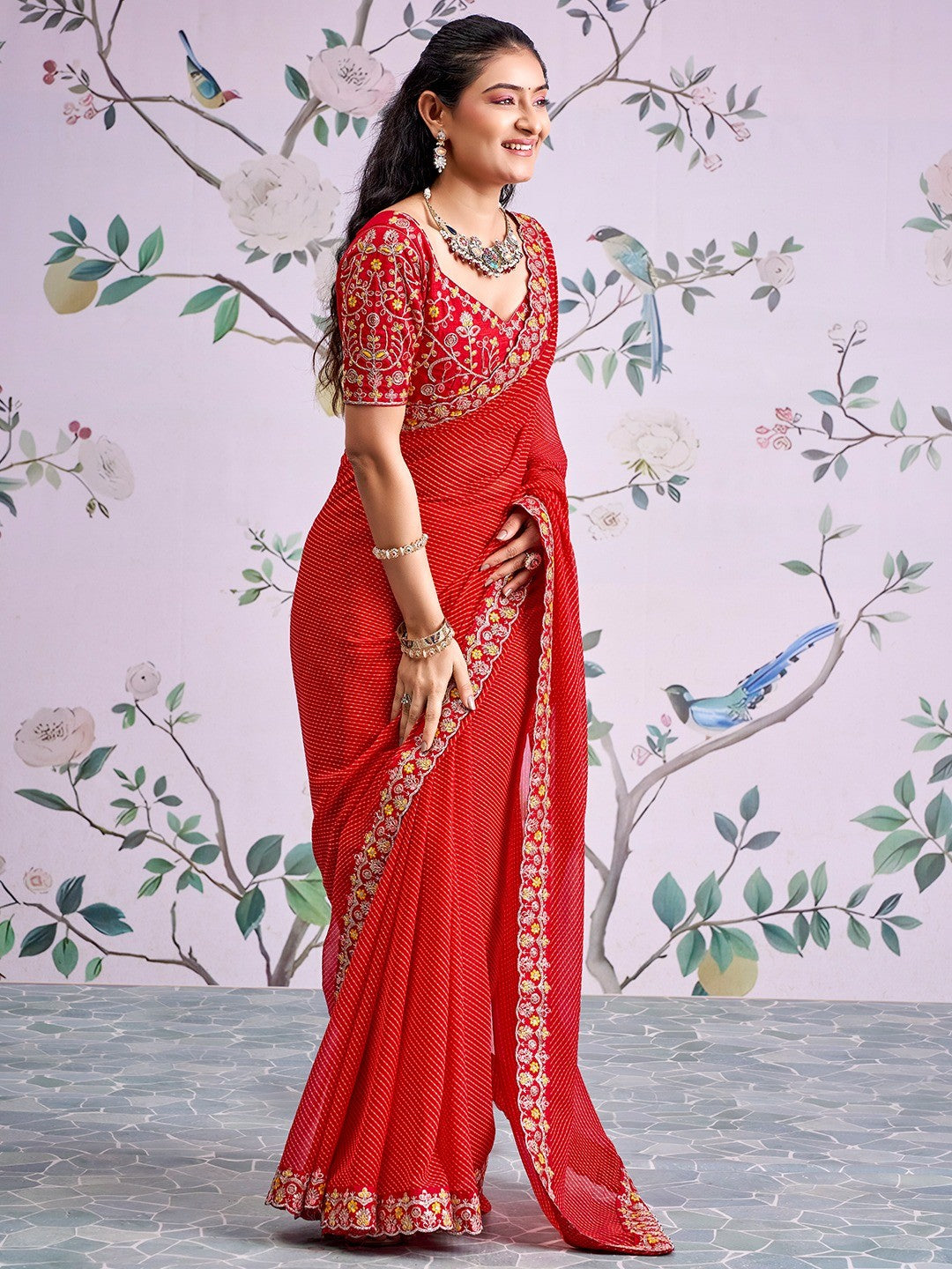 Red Striped Printed Georgette Saree With Shimmering Sequin Embroidered Border - Image 3