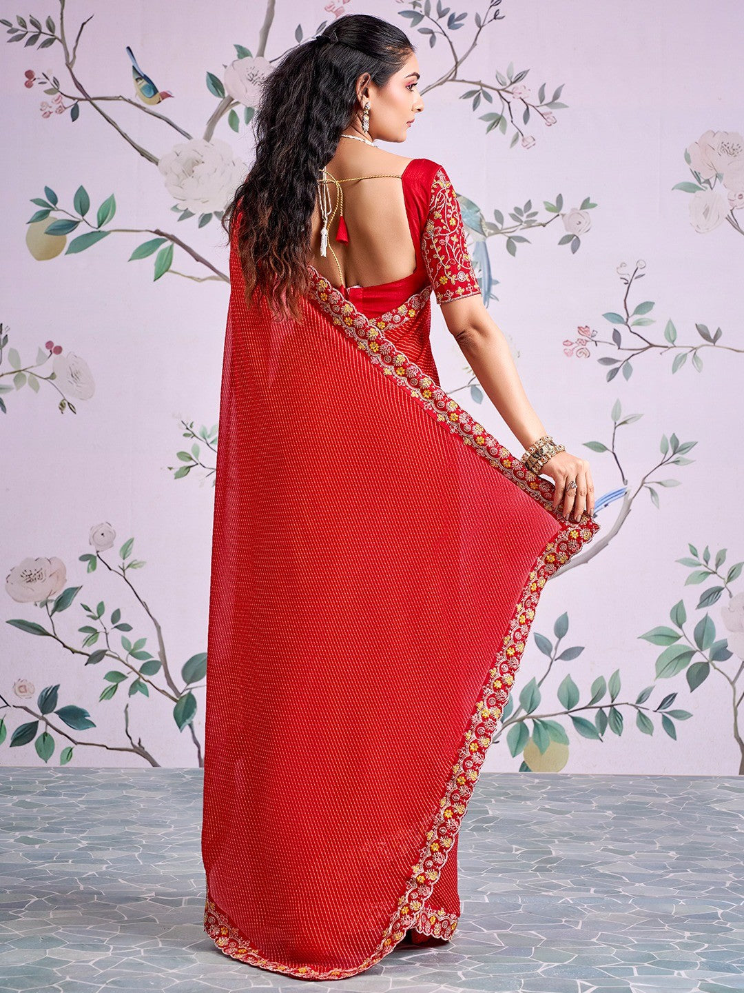 Red Striped Printed Georgette Saree With Shimmering Sequin Embroidered Border - Image 4