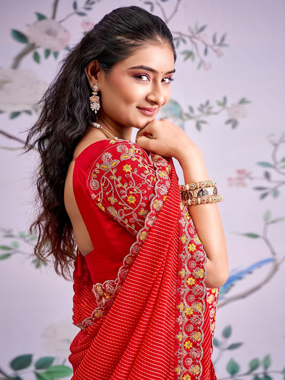 Red Striped Printed Georgette Saree With Shimmering Sequin Embroidered Border - Image 6