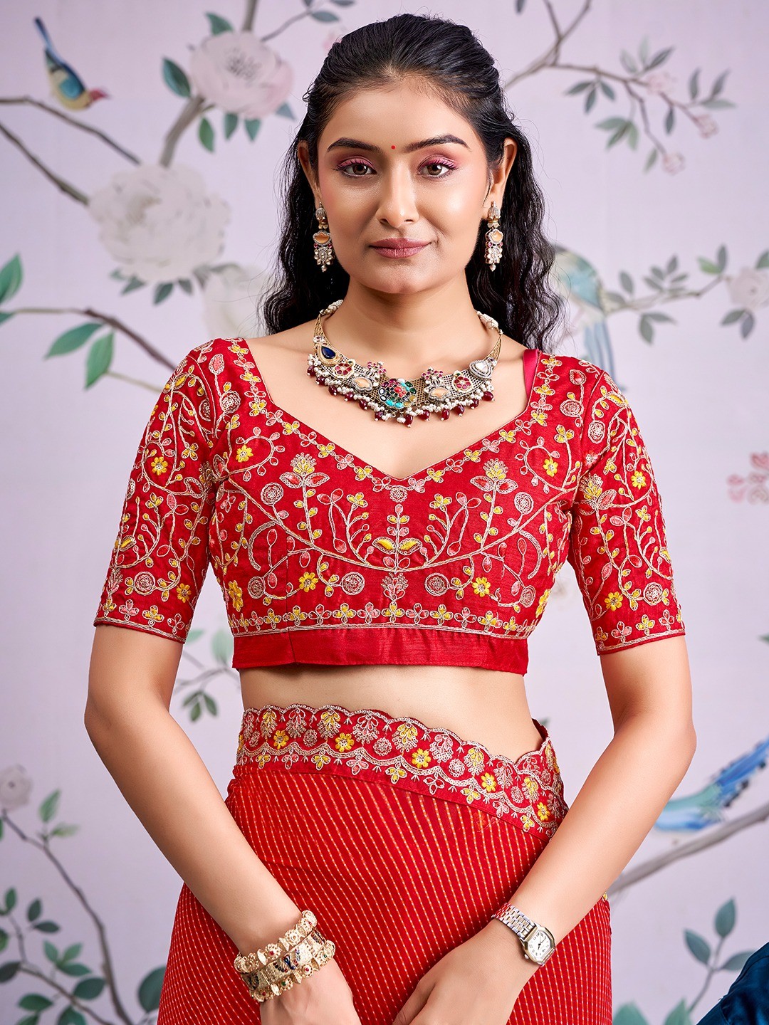 Red Striped Printed Georgette Saree With Shimmering Sequin Embroidered Border - Image 2