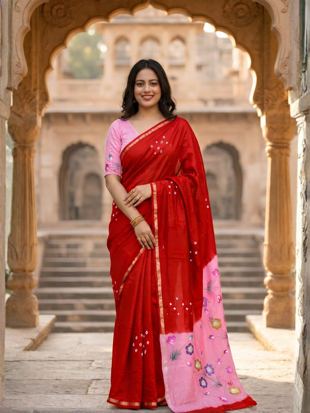 Ethnic Red Bandhani Print Mulmul Cotton Saree With Elegant Floral Pallu Design - Image 5