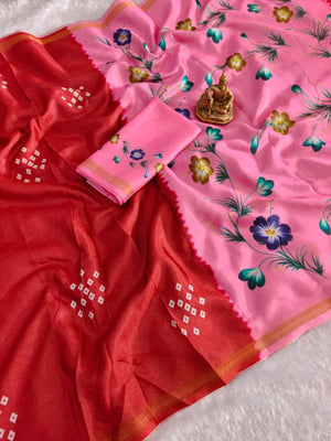 Ethnic Red Bandhani Print Mulmul Cotton Saree With Elegant Floral Pallu Design - Image 2