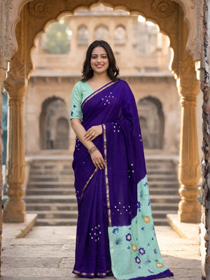 Ethnic Purple Bandhani Print Mulmul Cotton Saree With Elegant Floral Pallu Design - Image 1