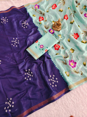Ethnic Purple Bandhani Print Mulmul Cotton Saree With Elegant Floral Pallu Design - Image 2