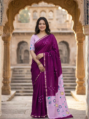 Ethnic Wine Bandhani Print Mulmul Cotton Saree With Elegant Floral Pallu Design - Image 1