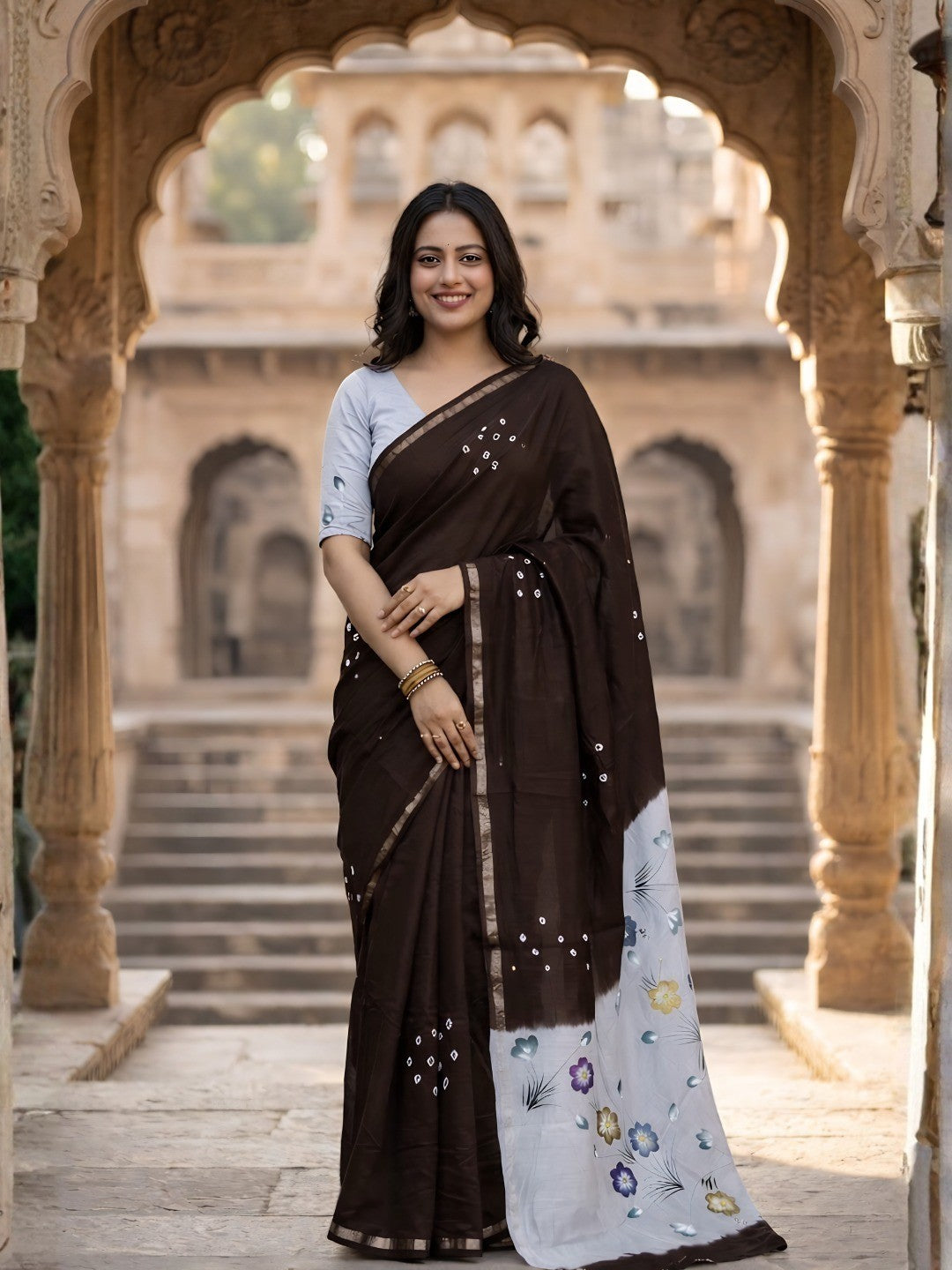 Elegant Brown Mulmul Cotton Saree with Floral and Bandhani Print - Image 1