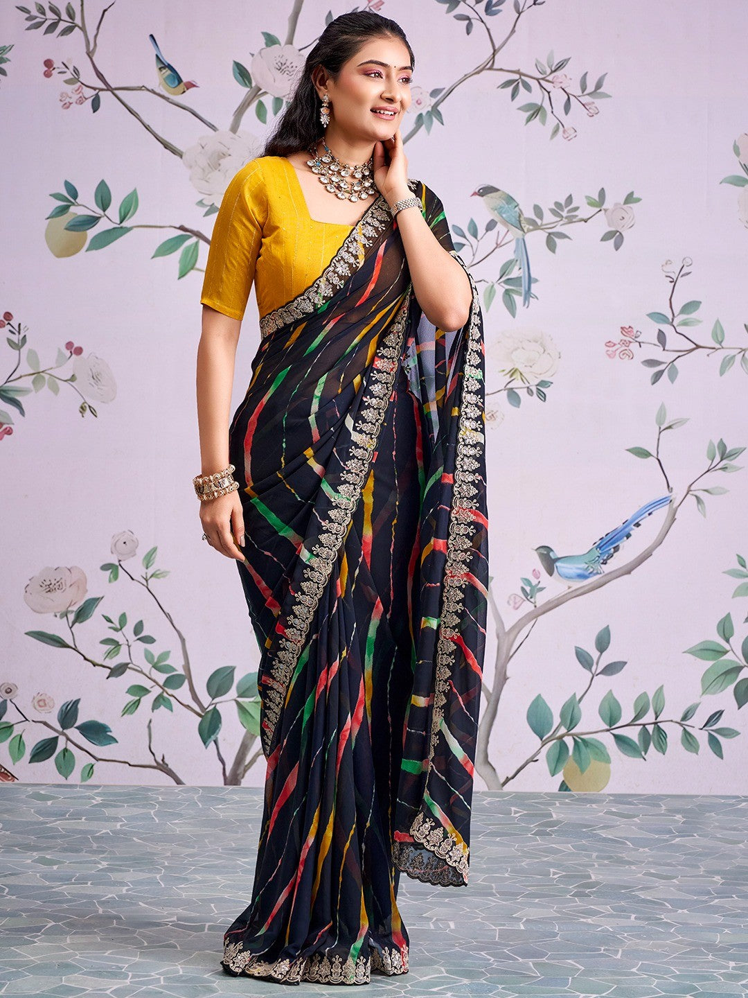 Black Leheriya Printed Georgette Saree - Image 1